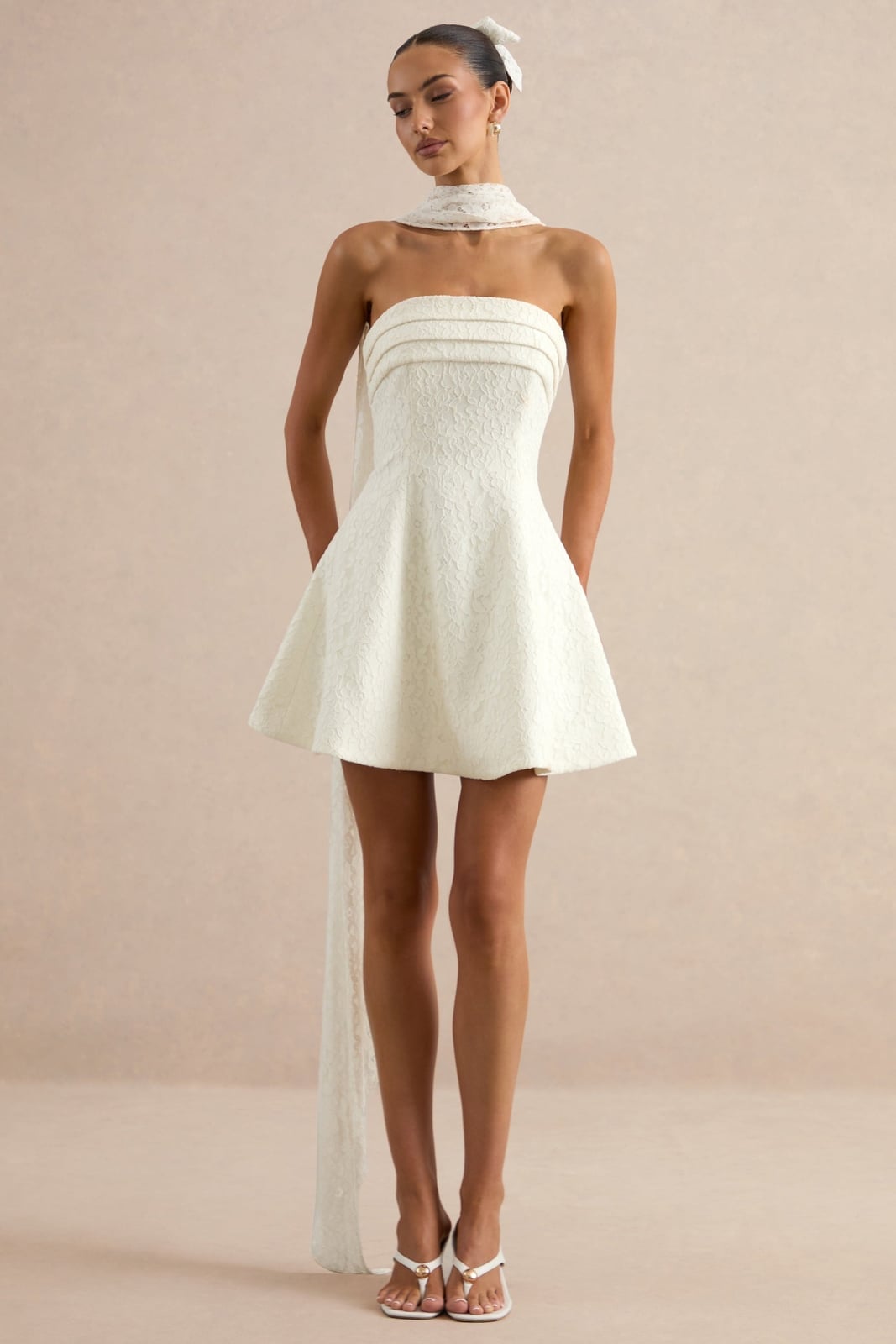 Ivory Strapless Mini Dress with a Sheer Scarf Ivory Strapless Mini Dress with a Sheer Scarf — Trendy Sorority Outfits