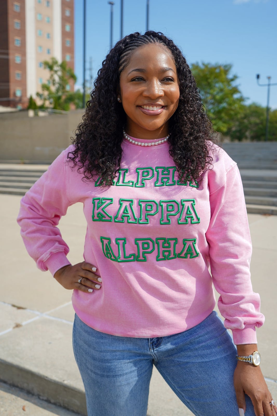 Pink Sorority Sweatshirt with Embossed Letters Pink Sorority Sweatshirt with Embossed Letters — Trendy Sorority Outfits