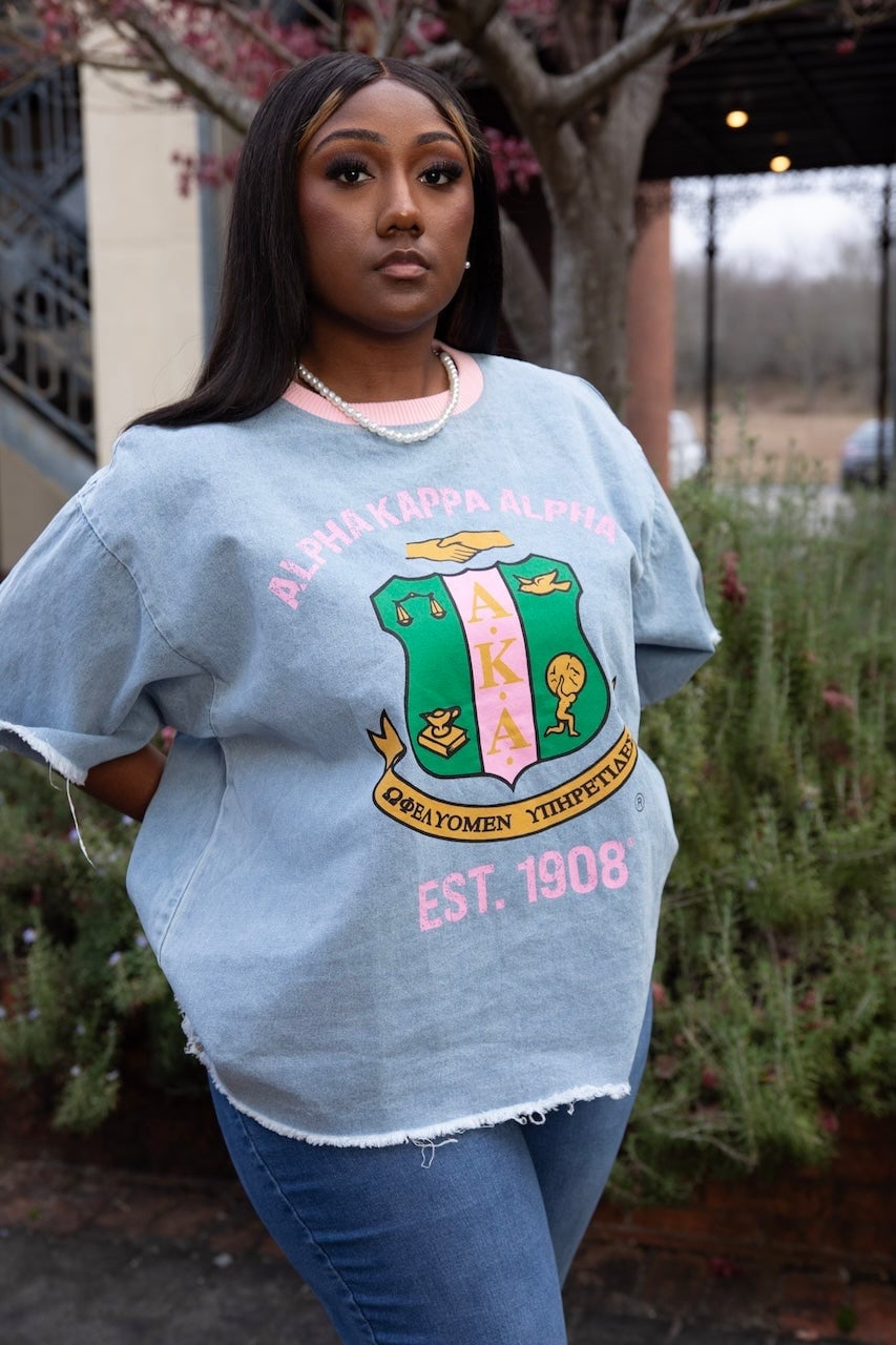 Oversized Light Blue Denim Pullover with Sorority Crest Oversized Light Blue Denim Pullover with Sorority Crest — Trendy Sorority Outfits