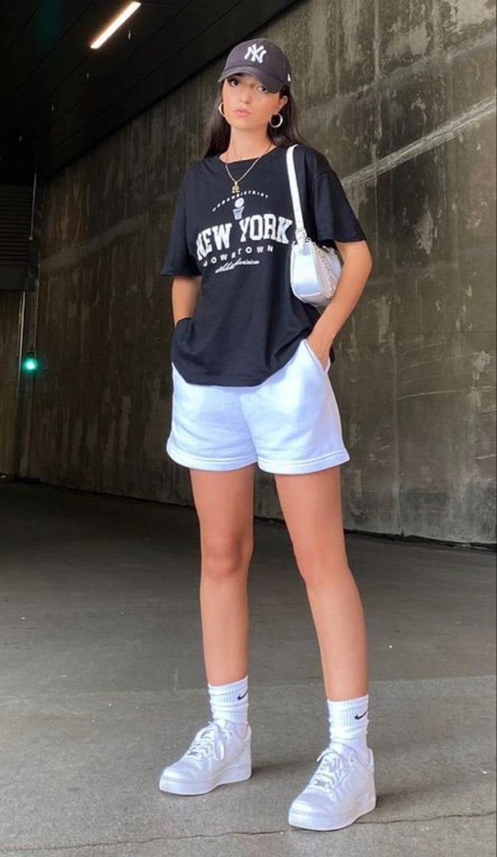 Graphic T-Shirt With White Athletic Shorts Graphic T-Shirt With White Athletic Shorts — Trendy Sporty Outfits
