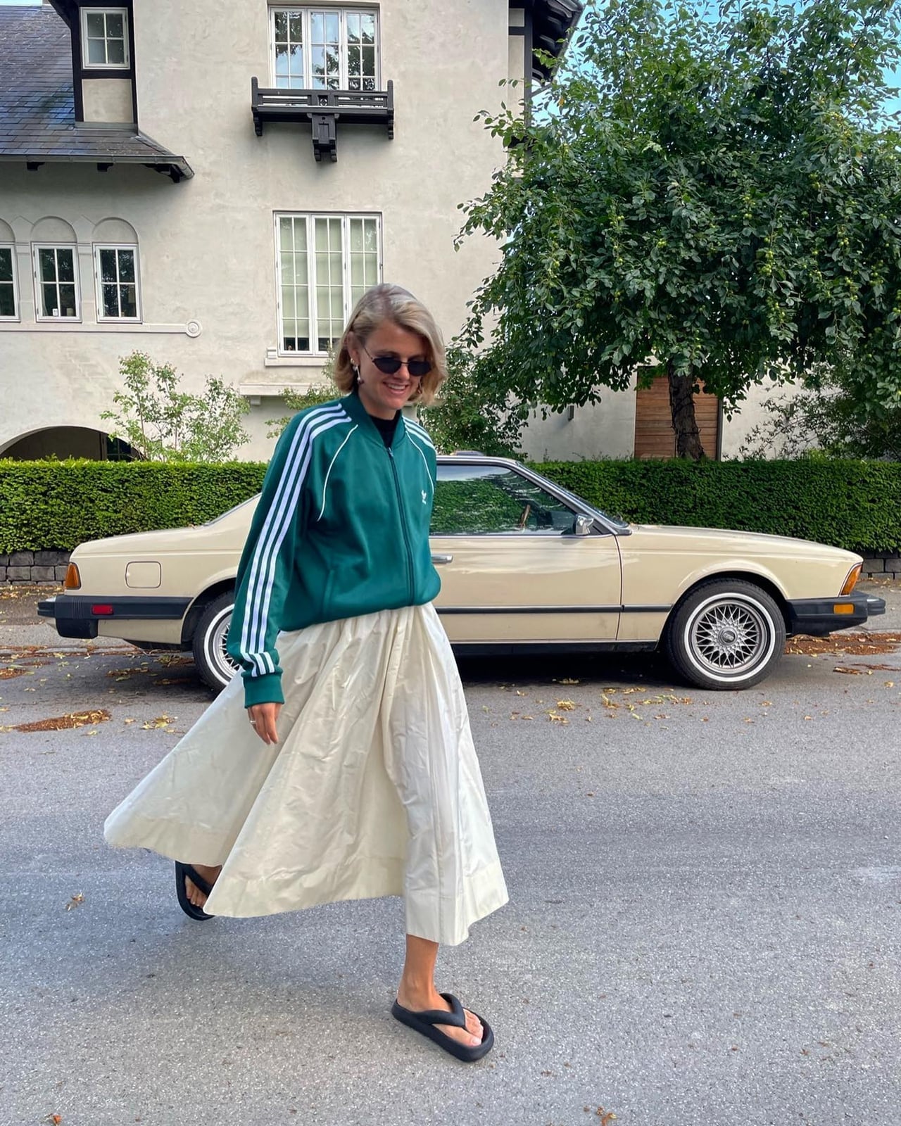 Green Track Jacket With Beige Skirt Green Track Jacket With Beige Skirt — Trendy Sporty Outfits