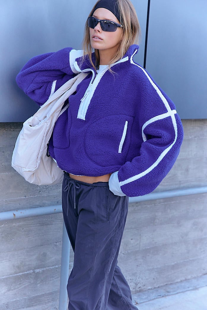 Purple Fleece Pullover With Grey Trousers Purple Fleece Pullover With Grey Trousers — Trendy Sporty Outfits