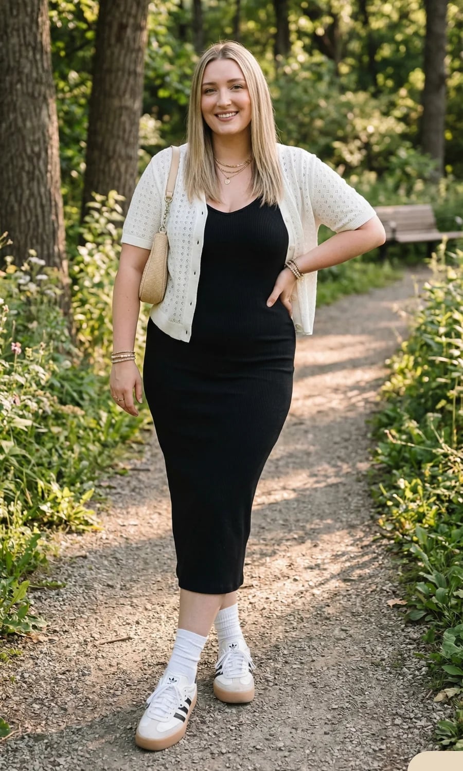 Black Ribbed Midi Dress With Eyelet Cardigan Black Ribbed Midi Dress With Eyelet Cardigan — Trendy Sporty Outfits