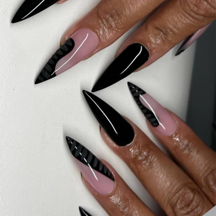 Sheer Pink Stilettos With Graphic Black Stripes Sheer Pink Stilettos With Graphic Black Stripes — Trendy Stiletto Nails