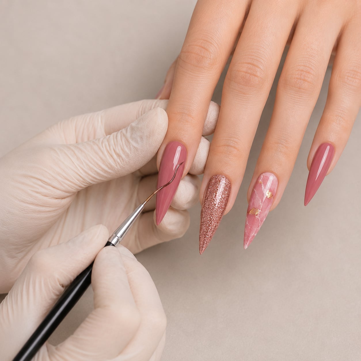 Dusty Rose Stilettos With Marble and Glitter Accents Dusty Rose Stilettos With Marble and Glitter Accents — Trendy Stiletto Nails