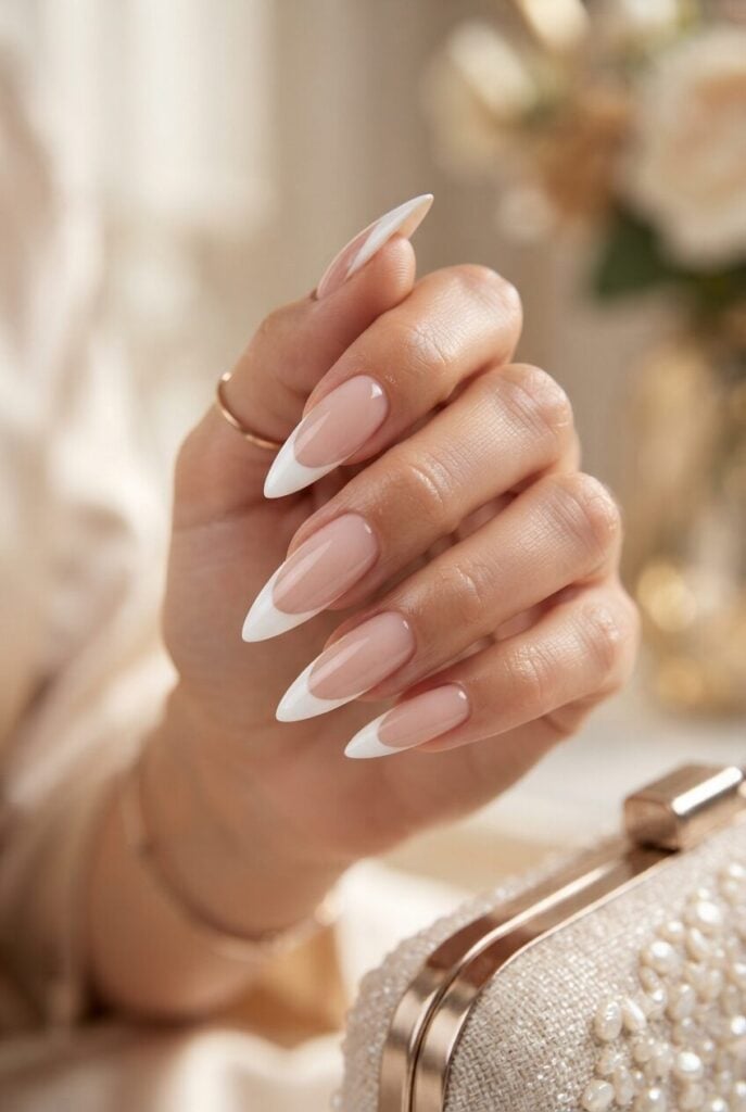 Long Stiletto French Tips With Opaque White Long Stiletto French Tips With Opaque White — Trendy Stiletto Nails