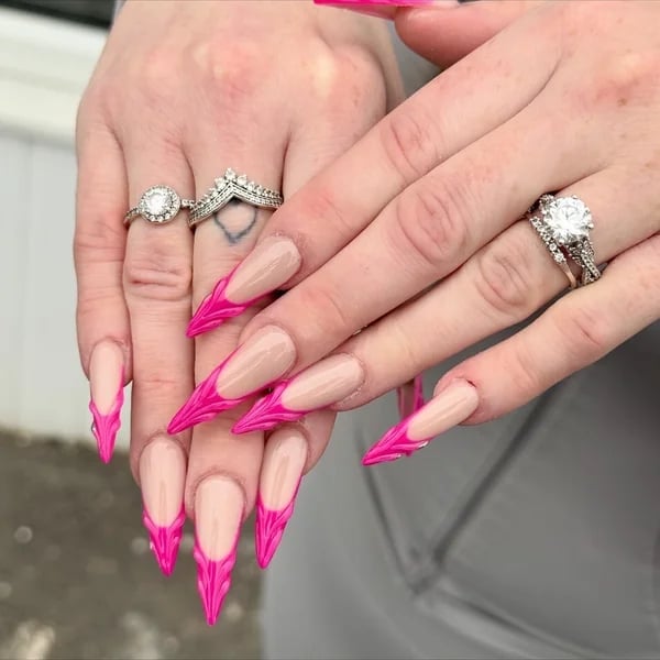 Nude Stilettos With Bright Pink French Tips Nude Stilettos With Bright Pink French Tips — Trendy Stiletto Nails