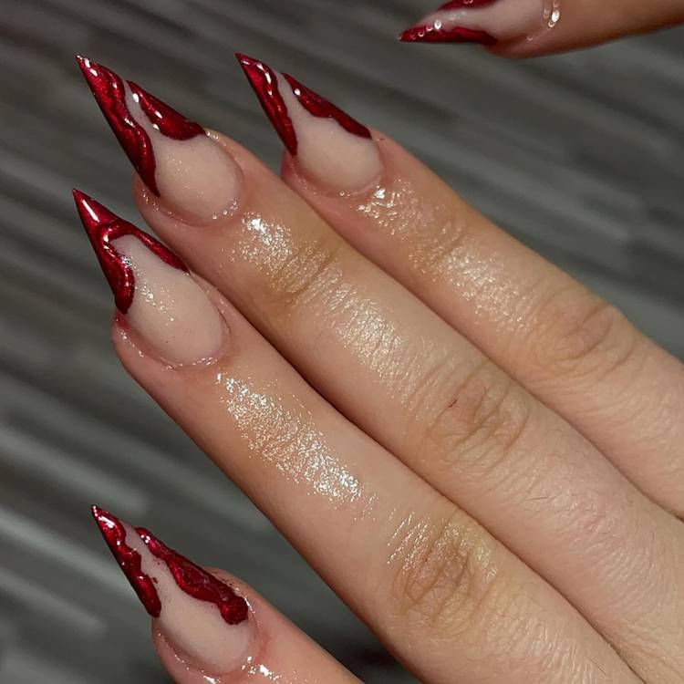 Clear Stilettos With Metallic Red V-French Tips Clear Stilettos With Metallic Red V-French Tips — Trendy Stiletto Nails