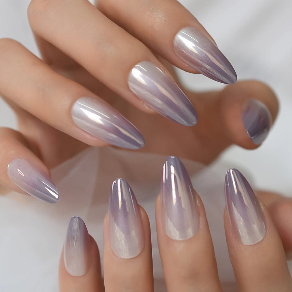 Lilac to White Ombre Chrome Stilettos Lilac to White Ombre Chrome Stilettos — Trendy Stiletto Nails