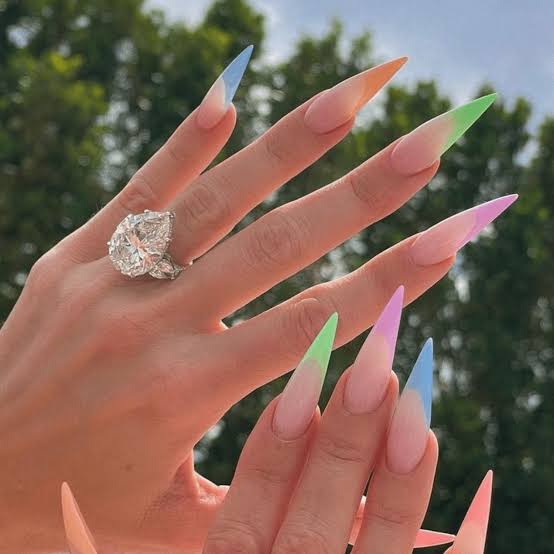 Sheer Nude Stilettos With Pastel Rainbow Color Blocking Sheer Nude Stilettos With Pastel Rainbow Color Blocking — Trendy Stiletto Nails