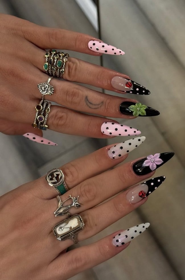 Playful Stilettos With Polka Dots and 3D Flowers Playful Stilettos With Polka Dots and 3D Flowers — Trendy Stiletto Nails