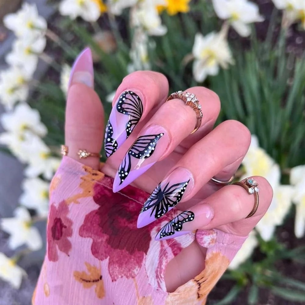 Lavender Stilettos With Black Butterfly Wings Lavender Stilettos With Black Butterfly Wings — Trendy Stiletto Nails
