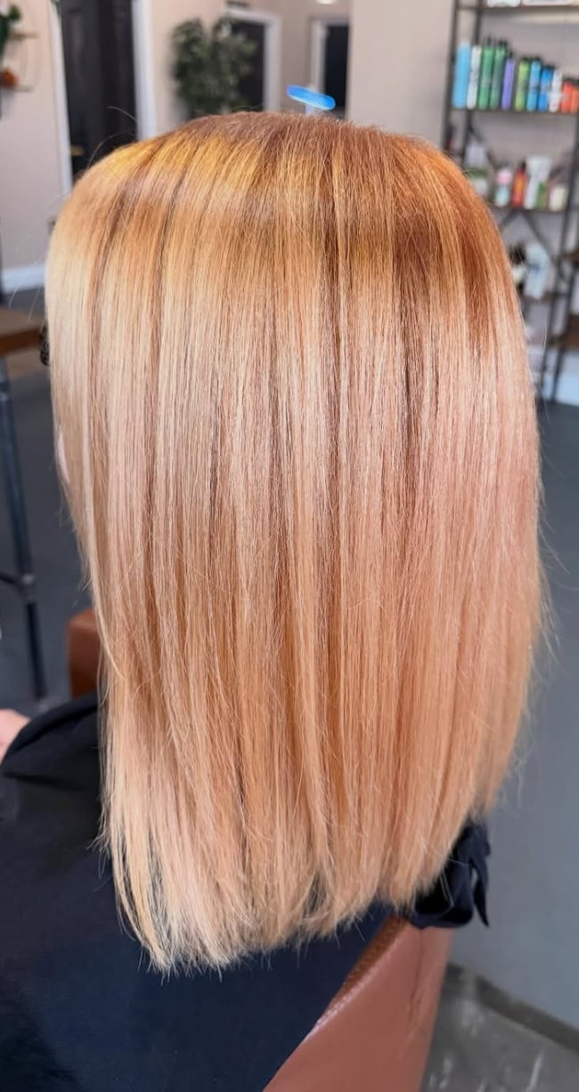 Chin Length Lob Even Strawberry Blonde Chin Length Lob Even Strawberry Blonde — Trendy Strawberry Blonde Hair