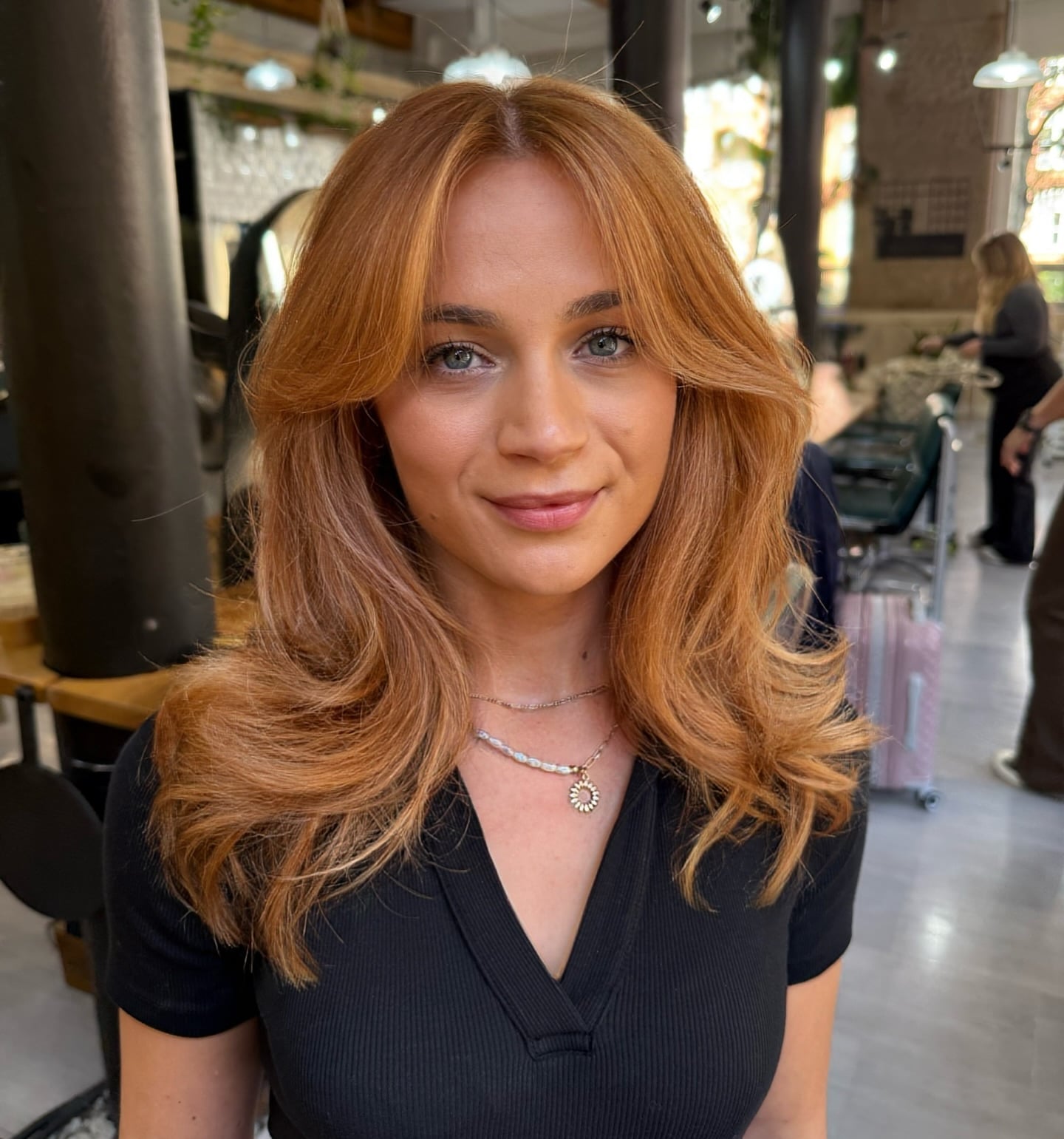 Strawberry Blonde With Lighter Highlights Curtain Bangs Strawberry Blonde With Lighter Highlights Curtain Bangs — Trendy Strawberry Blonde Hair