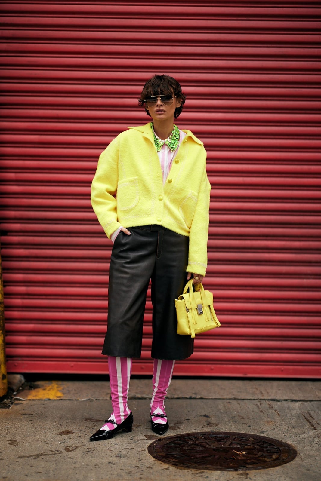 Yellow Cardigan with Black Leather Culottes Yellow Cardigan with Black Leather Culottes — Trendy Streetwear Outfits