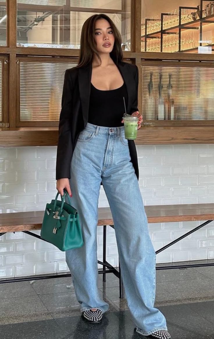 Light Blue Wide-Leg Jeans with a Black Blazer Light Blue Wide-Leg Jeans with a Black Blazer — Trendy Streetwear Outfits