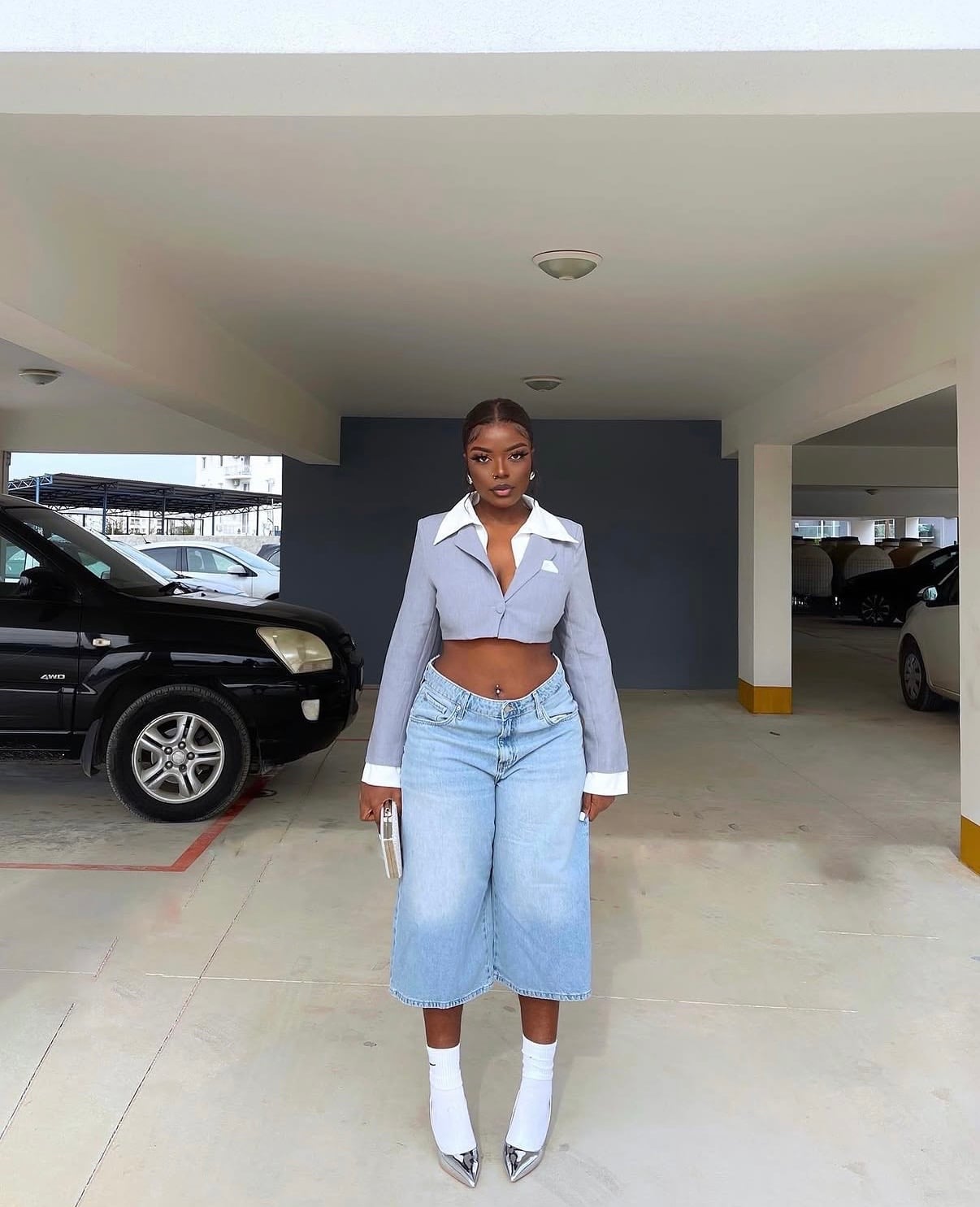 Cropped Light Blue Blazer with Wide-Leg Culottes, Denim Cropped Light Blue Blazer with Wide-Leg Culottes, Denim — Trendy Streetwear Outfits