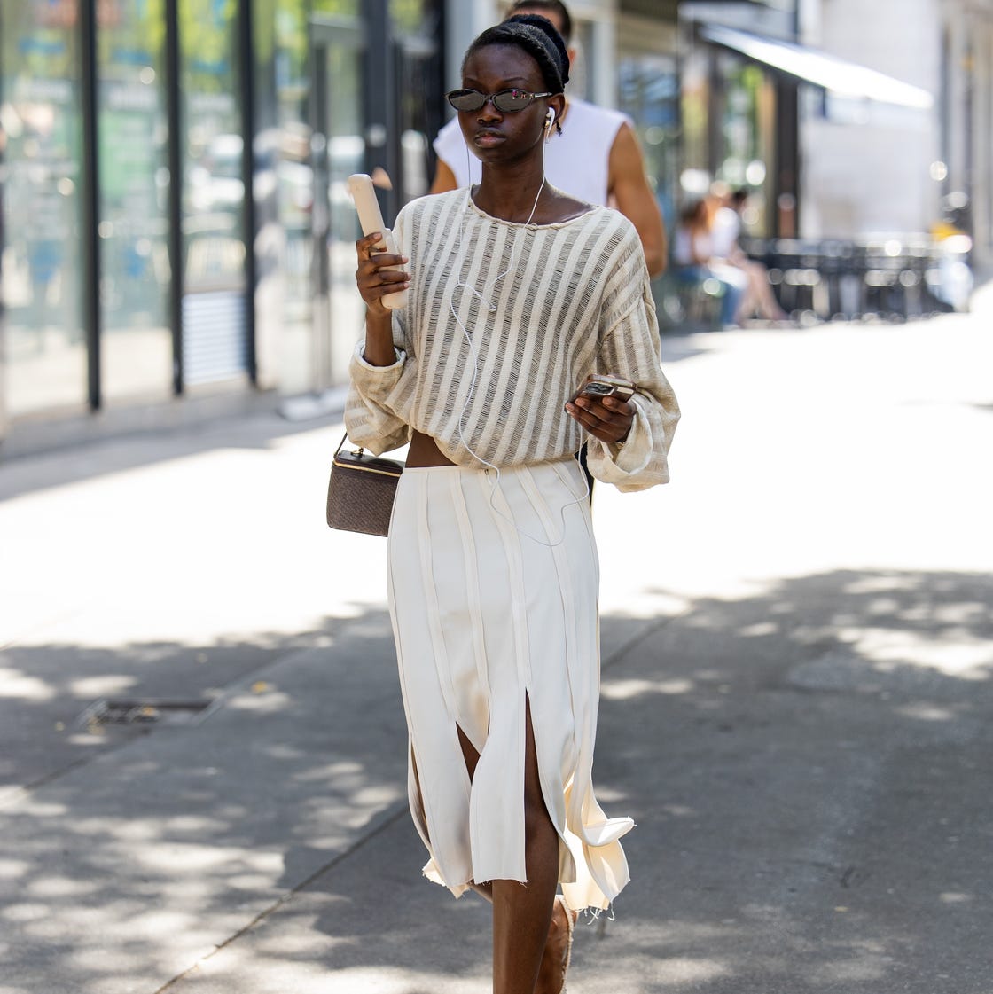 Striped Knit Top with a Cream Split Skirt Striped Knit Top with a Cream Split Skirt — Trendy Streetwear Outfits