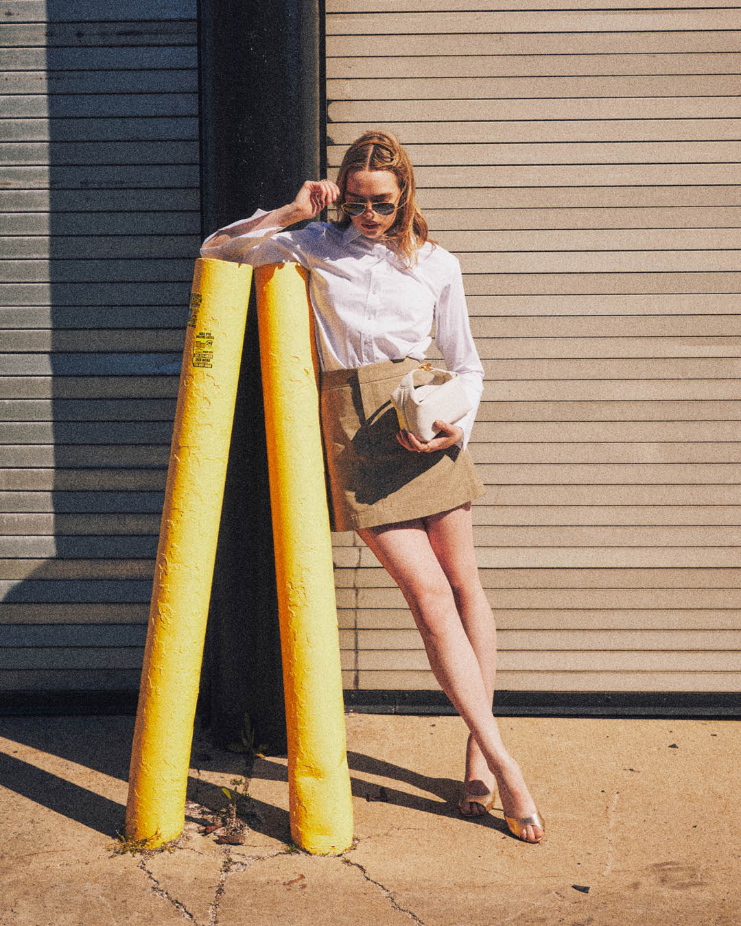 White Button-Down Shirt with Tan A-line Mini Skirt White Button-Down Shirt with Tan A-line Mini Skirt — Trendy Streetwear Outfits