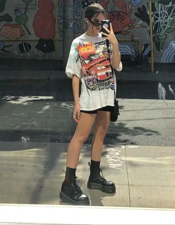 Multi-colored Graphic T-Shirt with Black Shorts Multi-colored Graphic T-Shirt with Black Shorts — Trendy Streetwear Outfits