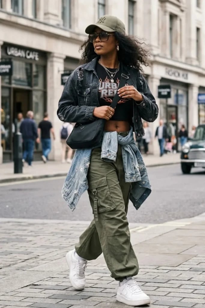 Distressed Denim Jacket and Olive Cargo Pants Streetwear Distressed Denim Jacket and Olive Cargo Pants Streetwear — Trendy Streetwear Outfits