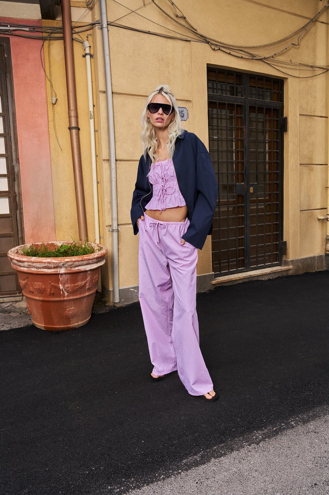 Navy Jacket with Lilac Wide-Leg Pants Navy Jacket with Lilac Wide-Leg Pants — Trendy Streetwear Outfits