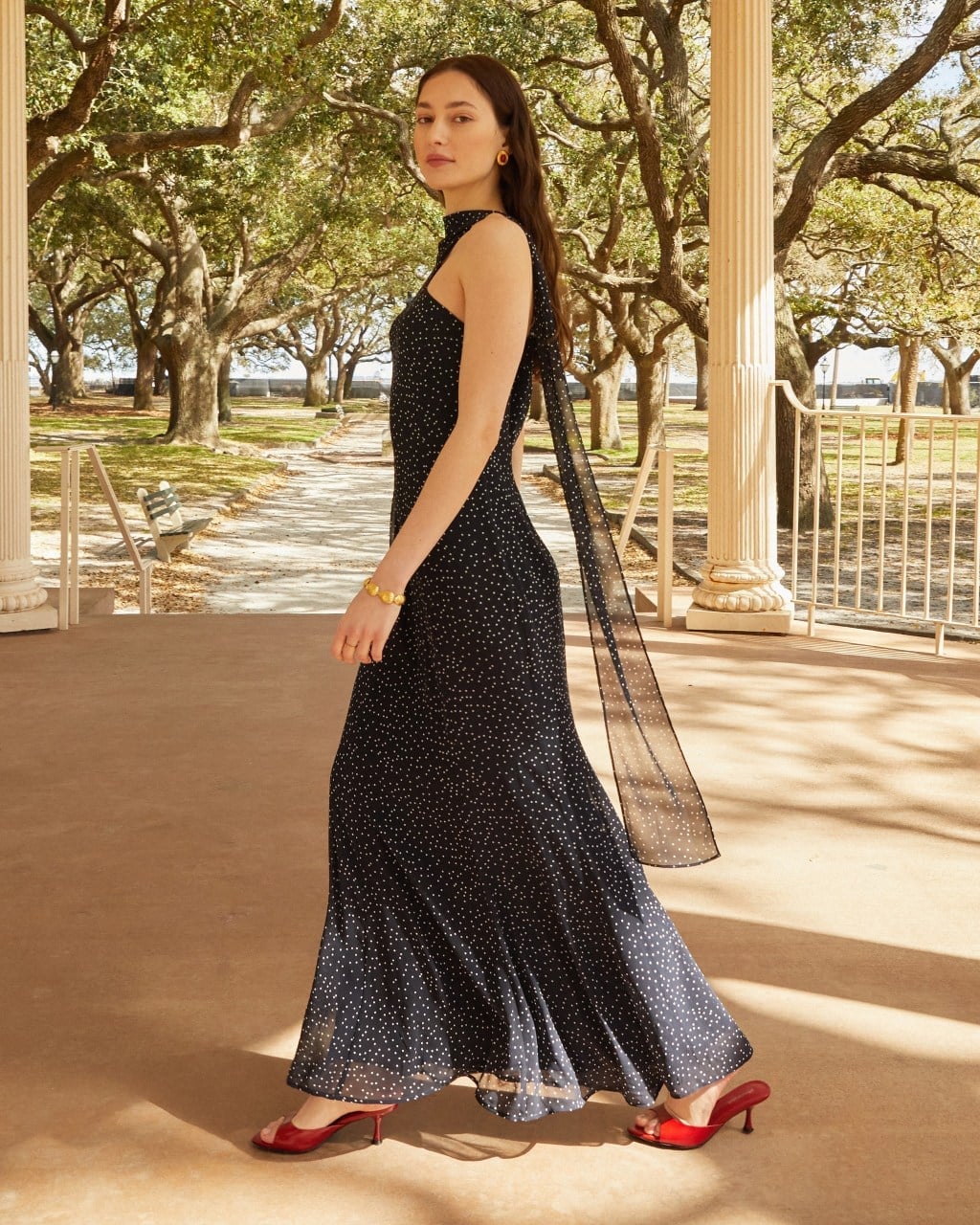 Black Polka Dot Maxi Dress with Sheer Overlay — Trendy Styling Dress