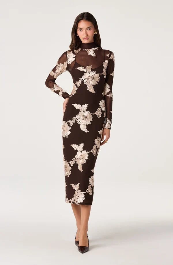 Sheer Brown Floral Embroidered Midi Dress — Trendy Styling Dress