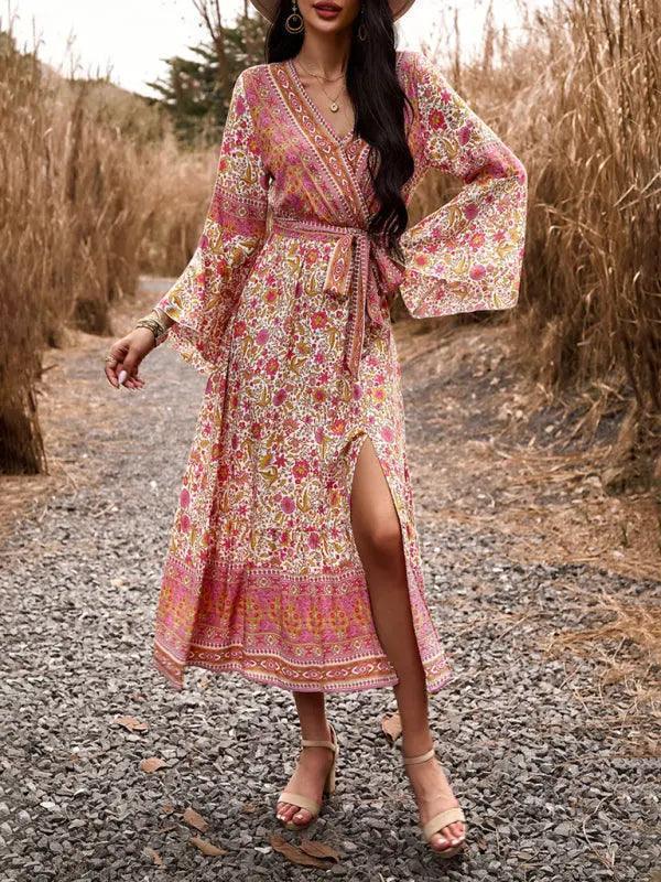 Floral Wrap Dress with Bell Sleeves and High Slit — Trendy Styling Dress