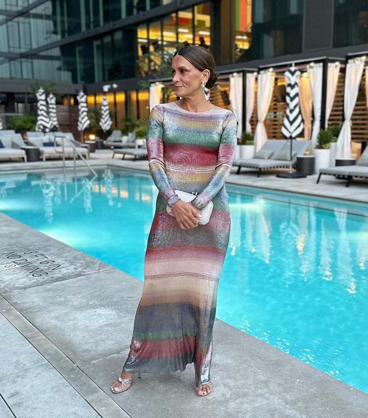 Striped Shimmering Knit Dress with Silver Sandals — Trendy Styling Dress