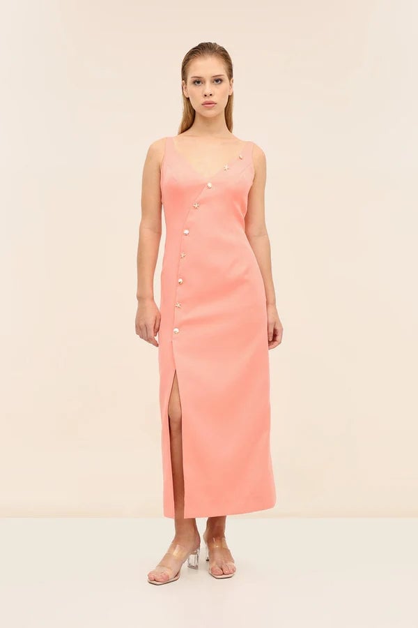 Peach Midi Dress with Asymmetrical Buttons — Trendy Styling Dress