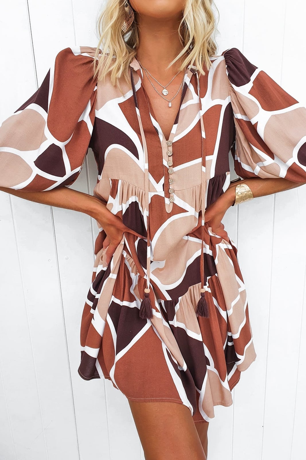 Geometric Print Mini Dress with Tiered Ruffles — Trendy Styling Dress