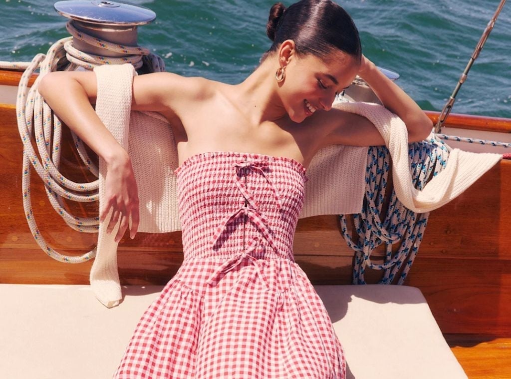 Gingham Strapless Dress with Cream Cardigan — Trendy Styling Dress