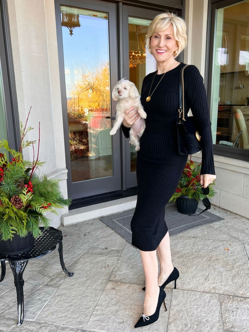 Black Ribbed Knit Midi Dress with Pendant Necklace — Trendy Styling Dress