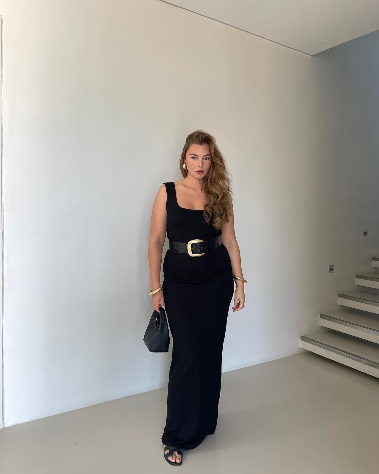 Black Jersey Column Dress with Wide Belt — Trendy Styling Dress