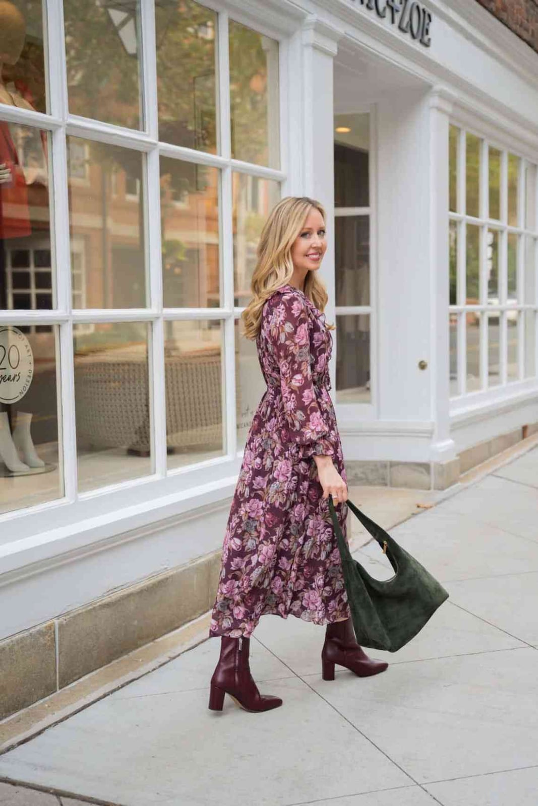 Floral Print Midi Dress with Block Heel Boots — Trendy Styling Dress