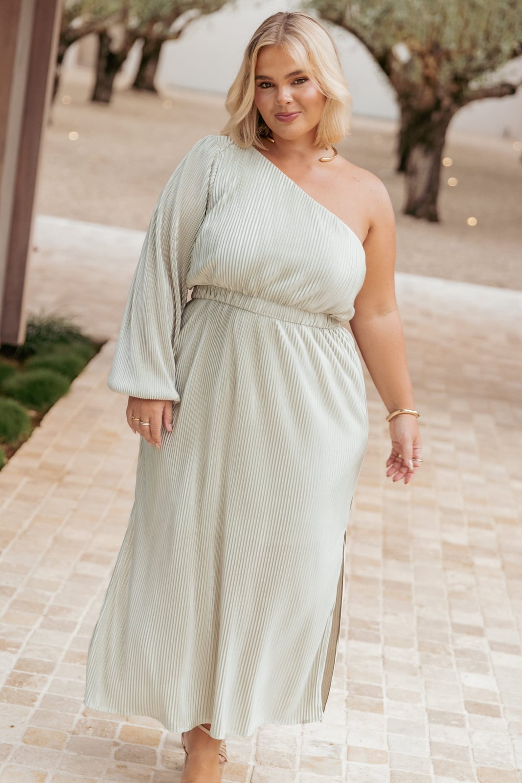 Sage Green One-Shoulder Pleated Midi Dress — Trendy Styling Dress