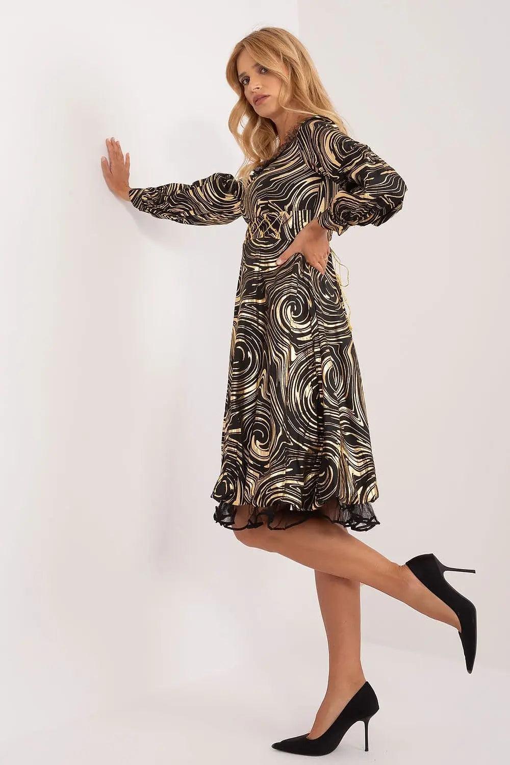 Metallic Swirl Print Dress with Sheer Hem — Trendy Styling Dress