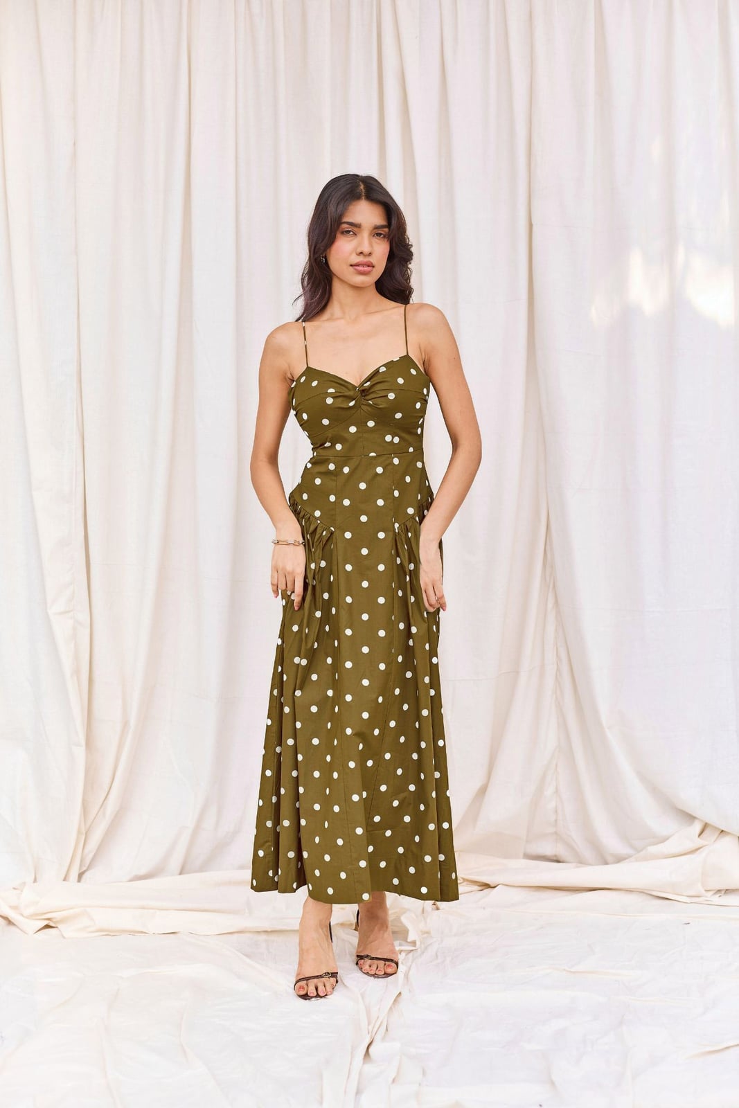Olive Green Polka Dot Midi Dress with Slit — Trendy Styling Dress