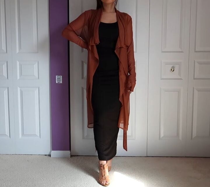 Black Maxi Dress with Rust Orange Duster Cardigan — Trendy Styling Dress