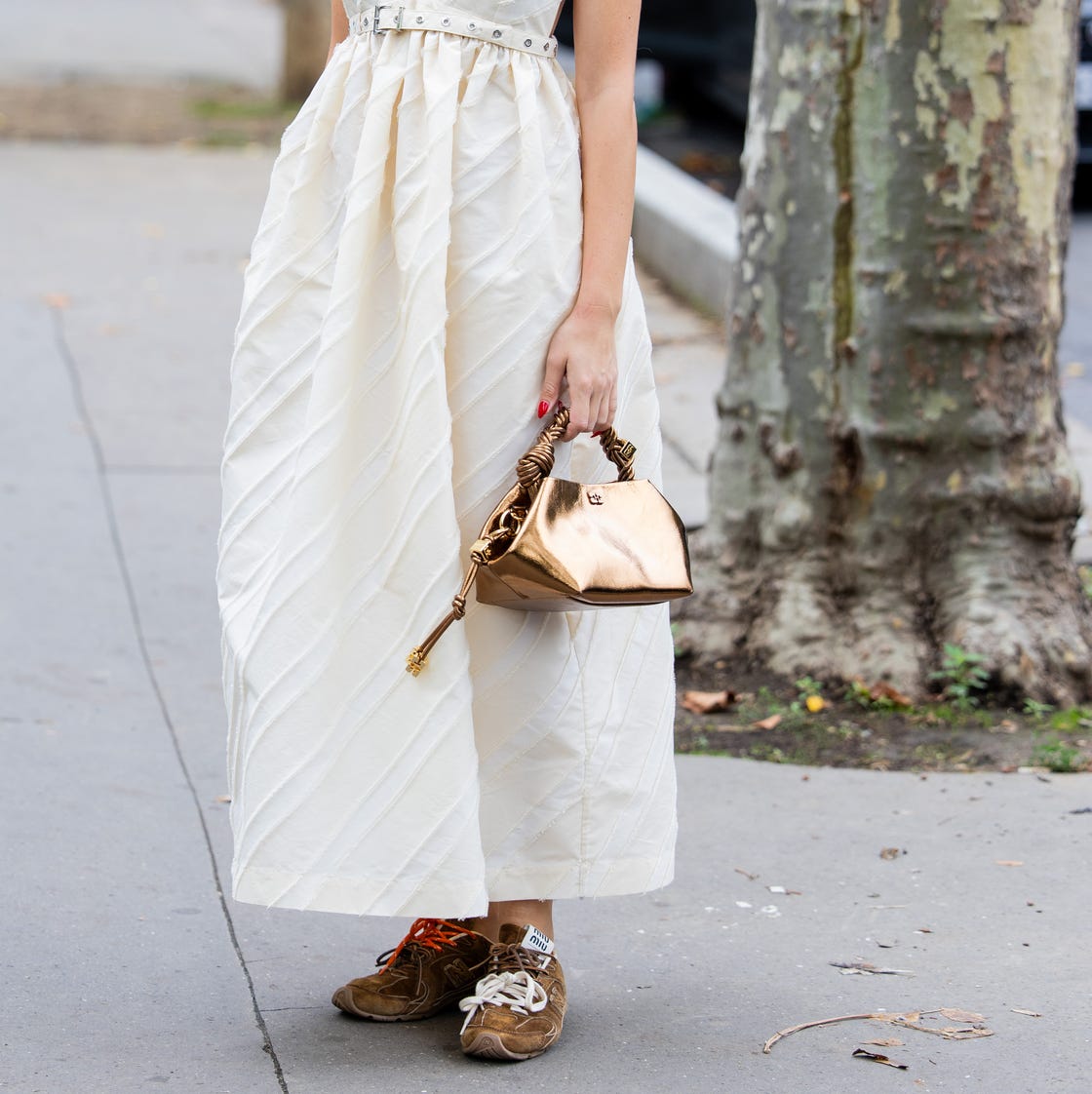 Textured Off-White Midi Dress with Gold Handbag — Trendy Styling Dress