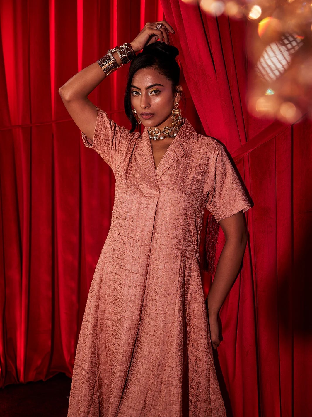 Pink Fit and Flare Dress with Gold Jewelry — Trendy Styling Dress