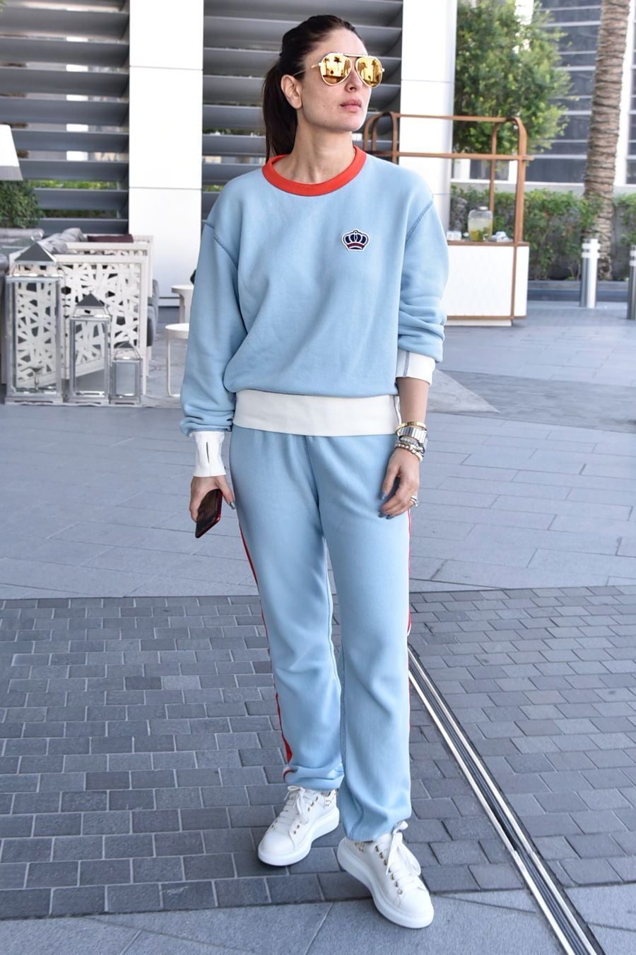 Light Blue Sweatpants Set with Red Trim and White Sneakers — Trendy Sweatpants Outfits