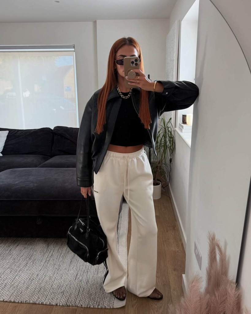 Cream Sweatpants with Black Crop Top and Leather Jacket — Trendy Sweatpants Outfits