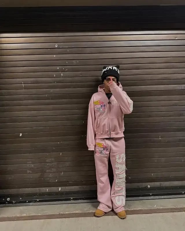 Pink Sweatpants with Matching Zip-Up Hoodie and Tan Boots — Trendy Sweatpants Outfits