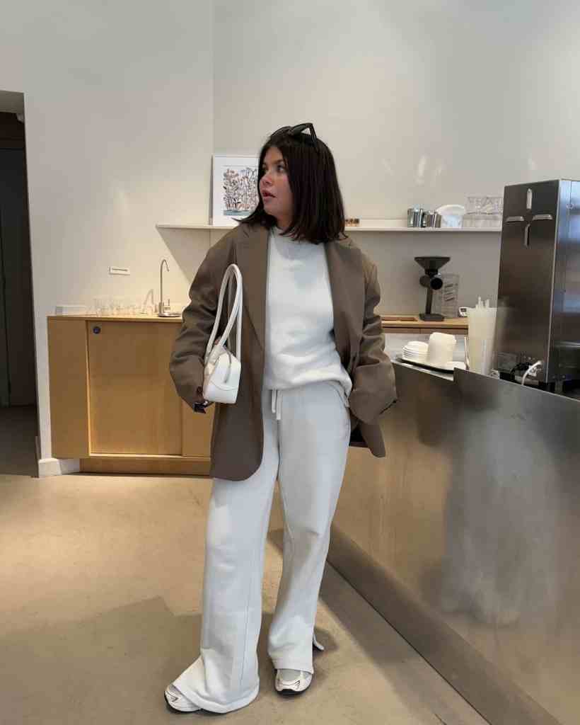 Cream Sweatpants with Knit Sweater and Oversized Bomber — Trendy Sweatpants Outfits