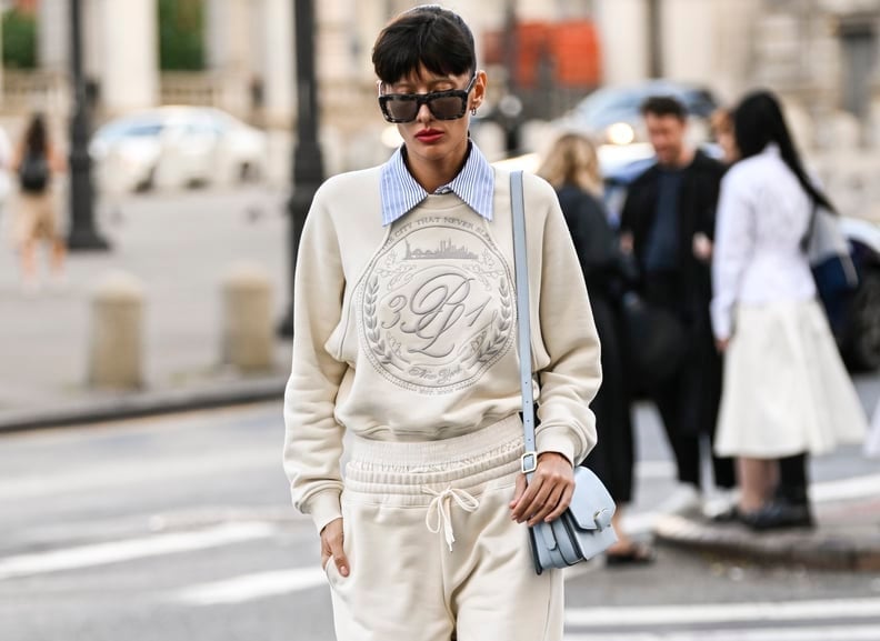 Cream Sweatpants with Layered Collared Shirt and Crewneck — Trendy Sweatpants Outfits