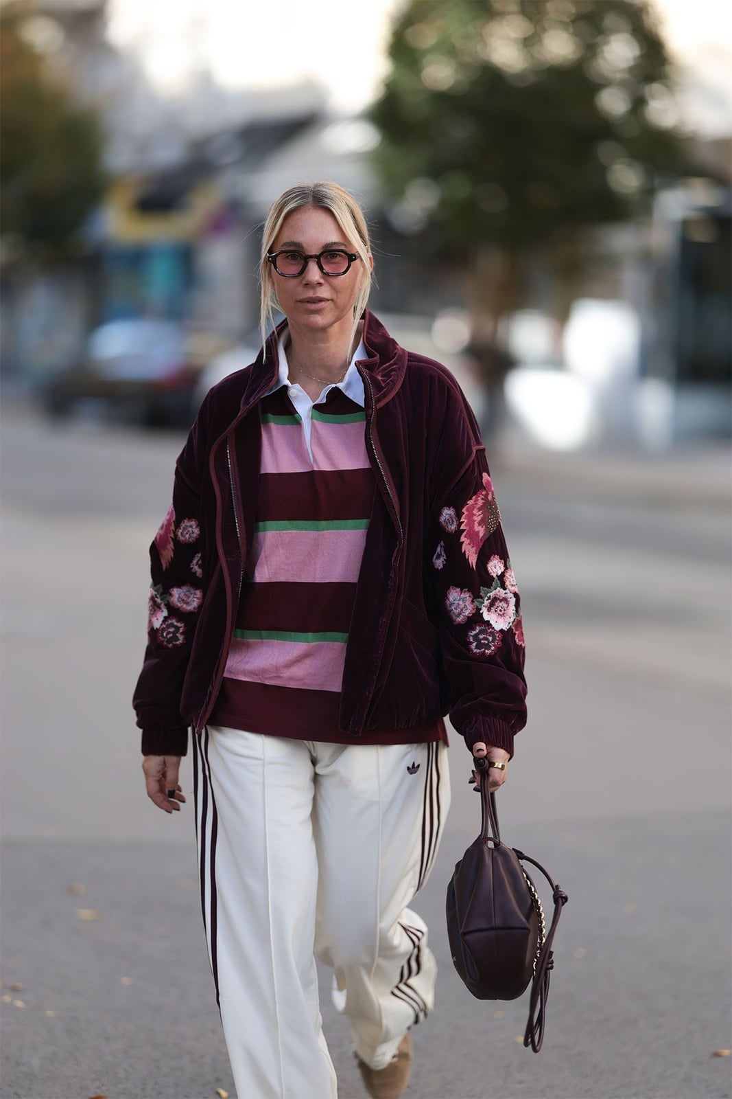 Cream Track Pants with Rugby Shirt and Velvet Jacket — Trendy Sweatpants Outfits