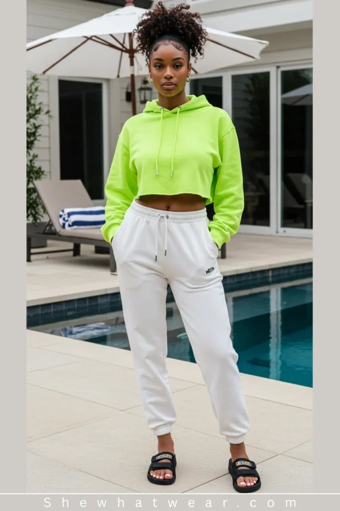 White Sweatpants with Neon Hoodie and Slide Sandals — Trendy Sweatpants Outfits