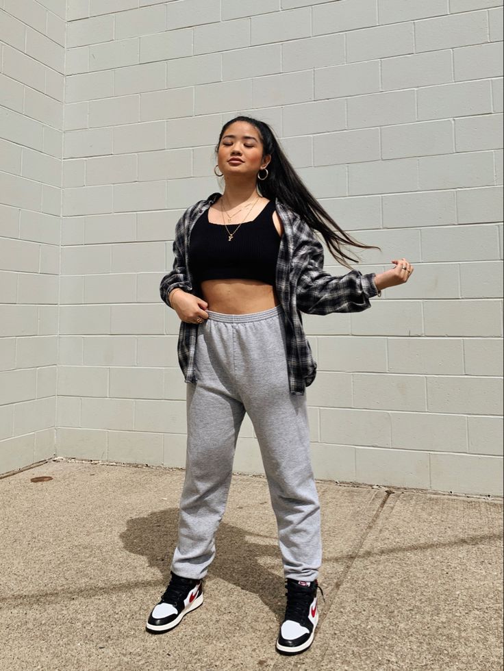 Grey Sweatpants with Crop Top and Plaid Flannel — Trendy Sweatpants Outfits